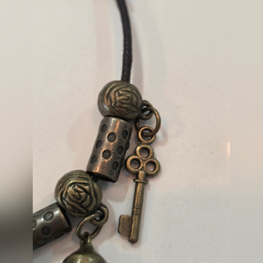 Vintage Chinese Brass Charm Bracelet | Yin Yang Bagua | Lucky Key & Bell - Picture 4 of 8